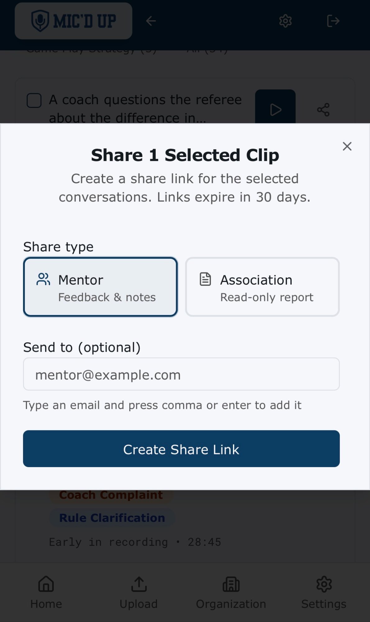 Mic'd Up sharing interface — share a clip with a mentor or association