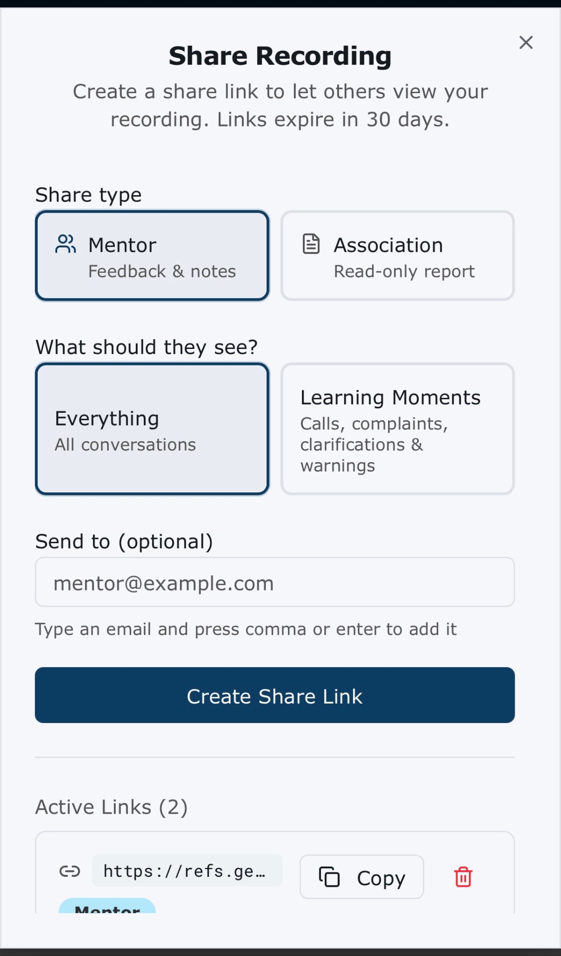 Share Recording modal showing mentor feedback options and content selection