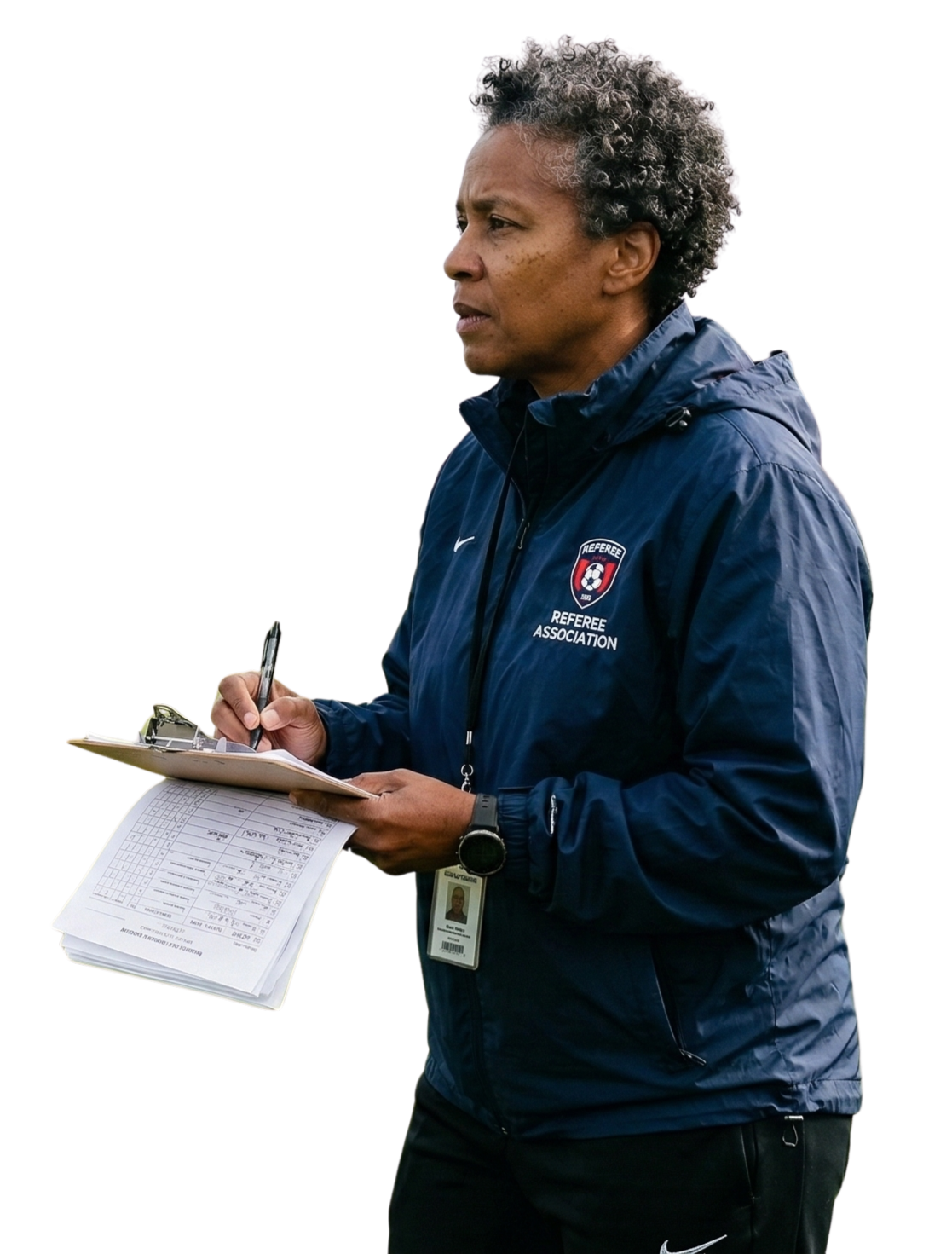 Referee association assignor with clipboard on the sideline